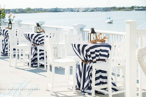 Fresh Nautical Yacht Club Wedding — A Garden Party Cocktail Table Wedding, Cocktail Hour Flowers, Yacht Party Theme, Yacht Rock Party, Hamptons Party, Sailing Party, Nautical Bar, Table Wedding Decor, Cocktail Hour Decor