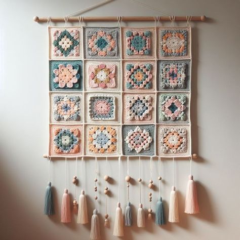 Crochet Granny Square Wall Decor, Crochet Wall Decoration, Wall Crochet Decor, Granny Square Wall Hanging, Crochet Decor Ideas, Diy Crochet Wall Hanging, Wall Decor Crochet, Crochet Wall Decor, Wall Hanging Crochet