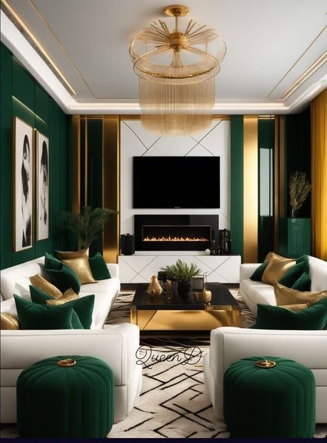 Green Gold Lounge, Dark Green And Gold Living Room Decor, Green And Gold Living Room Decor Ideas, Emerald And Gold Living Room Decor, Green And Gold Salon Decor, White And Emerald Green Bedroom, Emerald Living Room Decor, Hunter Green Living Room Decor, Eclectic Interior Design Luxury