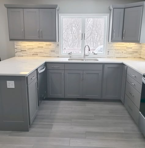 White Counters Grey Cabinets, Gray On Gray Kitchen, Grey Kitchen Floor Tiles Gray Cabinets, Grey Floor Kitchen Cabinets, Kitchen White And Gray Cabinets, Simple Kitchen Remodel Modern, Gray Walls Gray Cabinets, Gray Kitchen Cabinets With Gray Floors, Simple Grey Kitchen Ideas