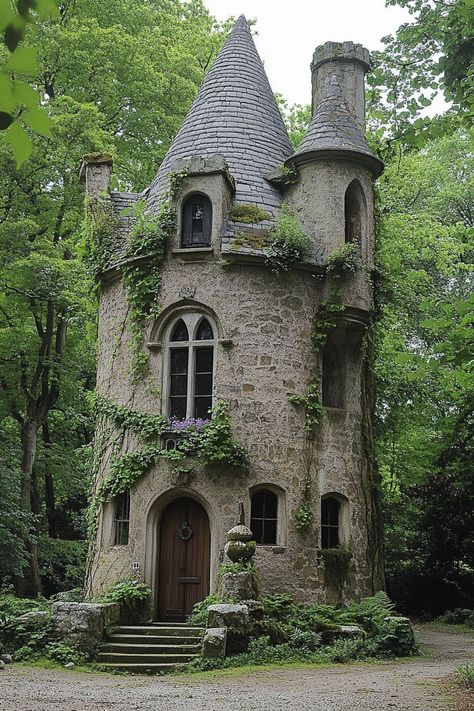 Houses Made Of Stone, Witch Cabin Aesthetic, Tiny House Castle, Witchy Victorian House, Castle Tiny House, Victorian Stone House, Tiny Castle House, Mini Castle House, Witchy House Exterior