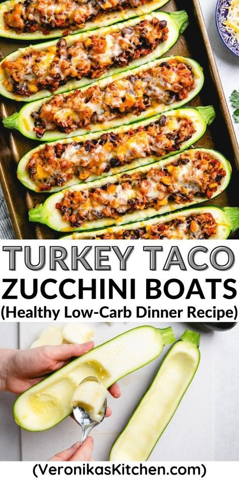 Top photo: Halved zucchini stuffed with a mix of ground turkey, beans, and corn, and topped with melted cheese. Bottom photo: Process photo of scooping out filling from zucchini. Turkey Taco Zucchini Boats, Taco Zucchini Boats, Taco Zucchini, Zucchini Boat Recipes, Dinner Recipes Healthy Low Carb, Ground Turkey Tacos, Healthy Ground Turkey, Turkey Taco, Healthy Dinner Recipes Crockpot