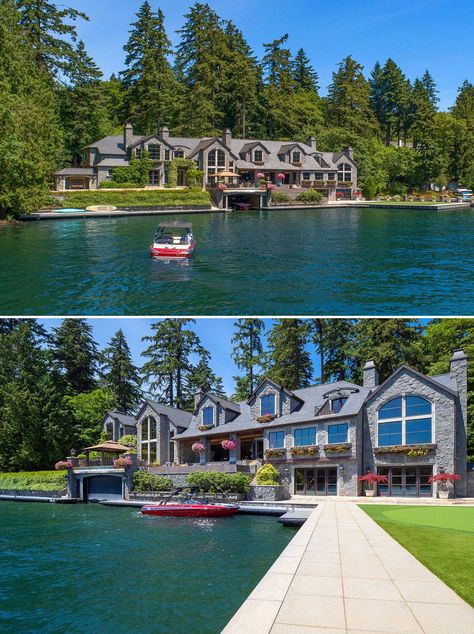 Luxurious Lake House, House On Lake Dream Homes, Lake Mansion Dream Homes, Water Front Home, Lake House Luxury, Waterfront Homes Exterior, Luxury Lakefront Homes, Big Lake House, Lake View Homes