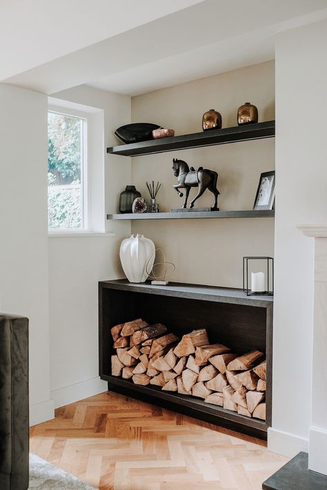 Log Store Living Room, Book Storage Living Room, Wood Store Living Room, Indoor Log Storage Living Rooms, Firewood Indoor Storage, Living Room Log Store, Log Store Ideas Living Rooms, Fireplace Log Storage, Indoor Log Storage Ideas