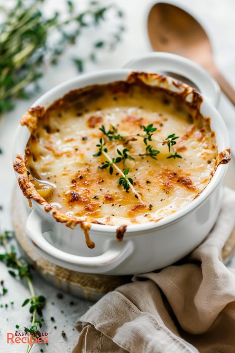 This traditional recipe for French Onion Soup, with caramelized onions, baguettes and Gruyère cheese is perfect for a cozy dinner or an appetizer. French Soups, Authentic French Onion Soup, Simple Chicken Noodle Soup, French Dinner Recipes, French Dinners, Chicken Noodle Soup Recipes, Best French Onion Soup, Italian Main Dishes, Classic French Onion Soup