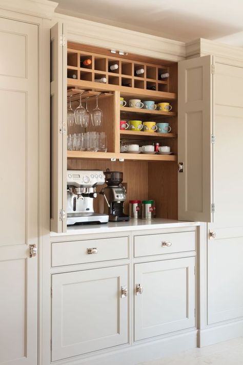 Black And White Kitchen Cabinets, Wine Station, Kitchen Pantry Cupboard, Modern Pantry, Reno Kitchen, Desain Pantry, Coffee Stations, Home Coffee Stations, Coffee Bars In Kitchen