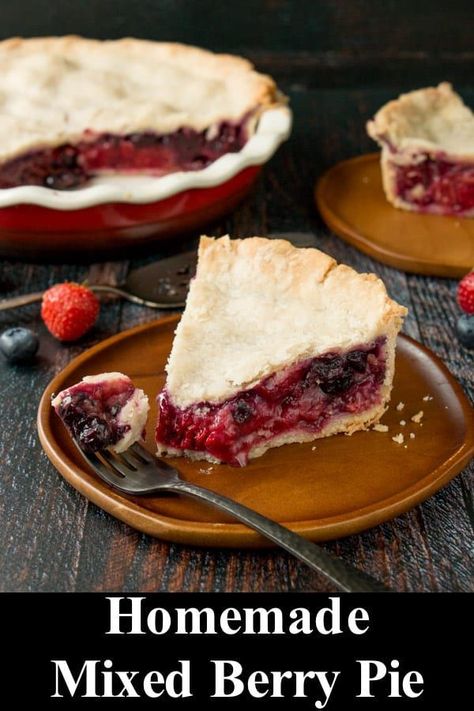 This easy-to-make mixed berry pie is bursting with fruit flavor and wrapped in a tender flaky pie crust. It's made from scratch with only 8 ingredients and takes less than an hour to make from start to finish! #mixedberrypie #tripleberrypie #easyfruitpie #recipe Fruit Pie Recipes Easy, Easy Fruit Pie, Triple Berry Pie, Fruit Pie Recipe, Wild Blackberries, Mixed Berry Pie, Blackberry Pie, Blackberry Recipes, Slab Pie