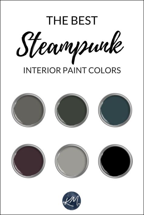 Paint the walls in your home or a single room in Steampunk and Industrial style paint colors including Thunder Gray, Iron Ore, Dark Pewter, dark shades of moody gray, navy blue and more with Kylie M, online paint color expert. #industrialstyle #steampunk #steampunkstyle #accentwall #kyliem Industrial Paint Colors Interiors, Steam Punk Color Palette, Steampunk Basement, Industrial Paint Colors, Steampunk Color Palette, Steampunk House Interiors, Industrial Color Scheme, Dark Academia Bedroom Ideas, Steampunk Bar