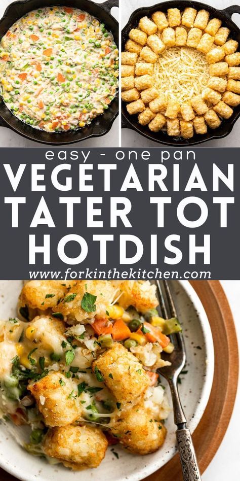 Tator Tot Casserole Recipe Easy No Meat, Vegetarian Hot Dish Recipes, One Pan Dinner Vegetarian, Veggie Pot Pie Casserole, Tator Tot Casserole Vegetarian, No Meat Tater Tot Casserole, Tater Tot Casserole Meatless, Vegetarian One Pan Dinners, Vegetarian Hot Dish