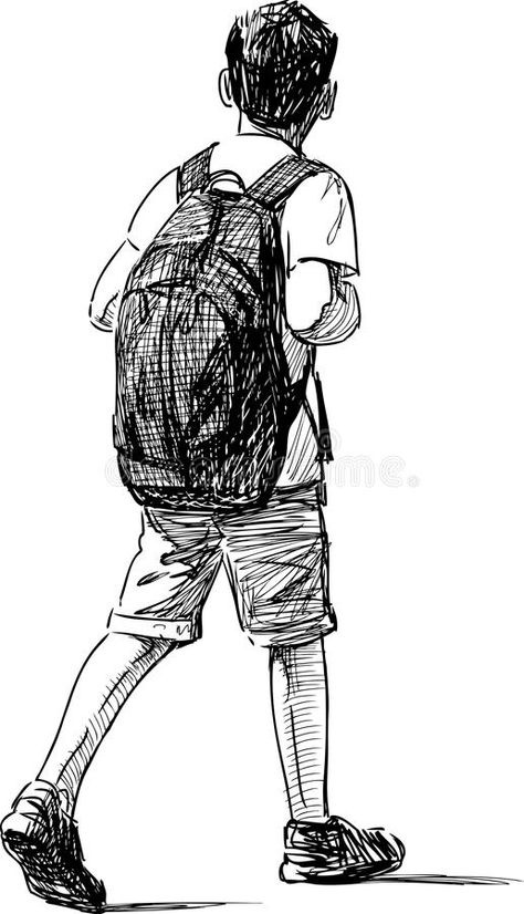 Human Sketches Easy, Backpack Ink Drawing, People Walking Drawing, Person From Behind Reference, Person Walking Reference, Sketch Drawing Easy, Drawing Backpack, Backpack Sketch, Backpack Drawing