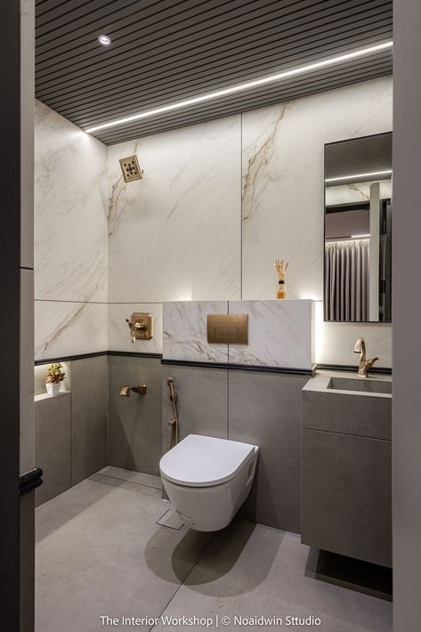 Sample Flat | The Interior Workshop Toilet Tiles Combination, Wash Room Tiles Design, Toilet Ceiling Design, Basic Bathroom Ideas, Niche Design Wall Bathroom, Washroom Ceiling Design, Toilet Reference, Tile Combinations Bathroom, Washroom Design Ideas