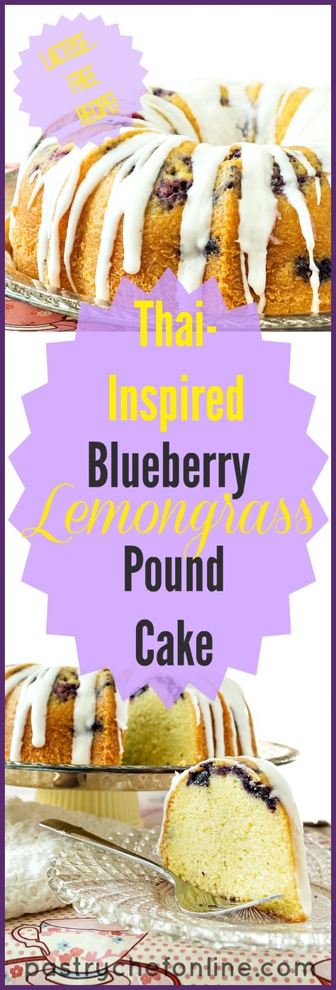 This is a classic southern pound cake that I infused Thai-flavors into: lemongrass, coconut and fresh ginger. It's a very moist cake, and since the liquid is coconut milk, it is also lactose free. I think you'll really enjoy the complex flavors. They all work together really well. Hooray for Thai-Inspired Blueberry Lemongrass Pound Cake! | pastrychefonline.com Moist Lemon Blueberry Bundt Cake, Lemon Blueberry Bundt Cake With Box Cake, Healthy Lemon Recipes, Blueberry Lemon Bundt Cake, Easy Sheet Cakes, Blueberry Bundt Cake Recipes, Lemon Blueberry Bundt, Blueberry Cakes, Spring Dinners