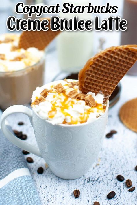 Cup of creme brûlée latte with a waffle cookie on the side. Creme Brulee Latte Recipe, Different Coffee, No Bake Cherry Cheesecake, Coffee Flavors, Copycat Starbucks, Creme Brûlée, Different Coffees, Flavored Coffee, Cherry Cheesecake