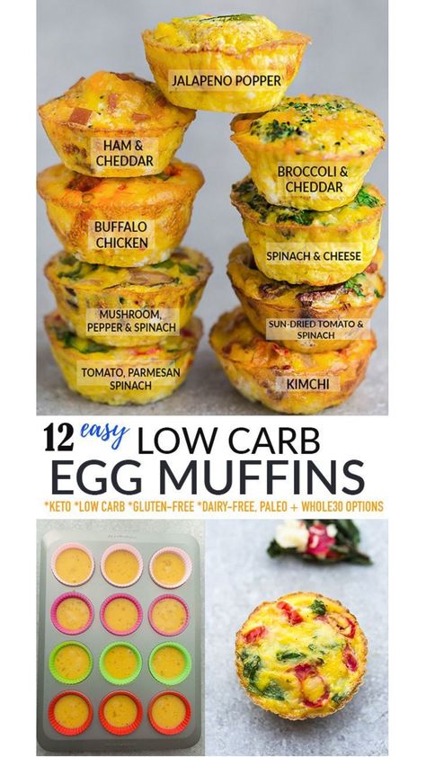 These Healthy Breakfast Egg Muffins are super easy to make and take just 5 minutes of prep time. So convenient and perfect when you need a simple make-ahead breakfast that can easily be taken to work or school. Choose from 9 delicious flavor variations! Freezer-friendly, works great for meal prep, naturally gluten-free, grain-free,low carb, dairy-free, keto with paleo and Whole30 options. Breakfast For Work, Carb Free Breakfast, Gluten Free Breakfast Muffins, Low Carb Egg Muffins, Egg Muffins Breakfast Healthy, Lemon Blueberry Muffins Recipe, Easy Egg Muffins, Dairy Free Keto Recipes, Egg Muffins Healthy