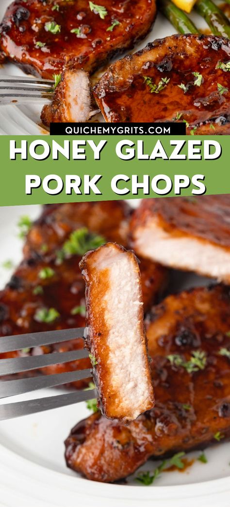 A graphic with two photos of honey glazed pork chops. Delicious! Honey Glaze Sauce, Honey Garlic Marinade, Honey Glazed Pork Chops, Delicious Pork Chops, Glaze Sauce, Glazed Pork Chops Recipes, Honey Pork Chops, Healthy Pork Chops, Gf Dinners