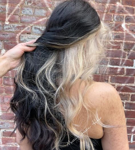 Blonde Halo Black Hair With Blonde Halo, Blonde Halo Hair Color, Halo Hair Colors, Blonde Halo, 2023 Blonde, Halo Hair, Platinum Blonde Hair, October 4, Hair Design