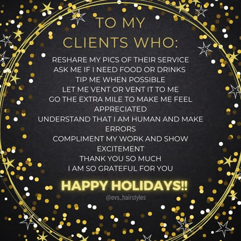 Hair Salon Thanksgiving Quotes, Holiday Hair Appointment Reminder, Happy New Year Hairstylist, New Years Salon Quotes, Holiday Appointment Salons, New Year Salon Promotions, Thankful Clients Quotes, Holiday Salon Promotions, Client Thank You Quotes