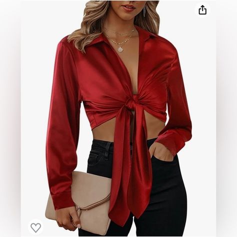 Chigant Satin Blouses for Women Sexy Long Sleeve Silk Shirts Tie Front Deep V Satin Tops, Short Leather Skirts, Knot Front Top, Silk Crop Top, Knotted Blouse, Silk Shirts, Casual Blouses, Fitted Tunic, Wrap Crop Tops