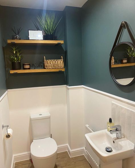 Bathroom With Dado Rail, Small Toilet Room Dado Rail, Toilet Room Ideas Panelling, Cloakroom Toilet Shelving Ideas, Blue Downstairs Toilet, Two Tone Small Bathroom, Small Wc Panelling, New Build Cloakroom Toilet Ideas, Cloke Room Toilet