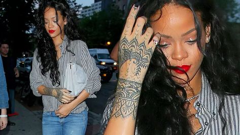 Has Rihanna tattooed entire lower arm? Star spotted with body art covering wrist and hand - Mirror Online Rihanna Hand Tattoo, Rihanna Tattoo, Underarm Tattoo, Tattoos Male, Rihanna News, Wrist Tattoo Ideas, Knuckle Tattoos, Cool Wrist Tattoos, White Tattoos