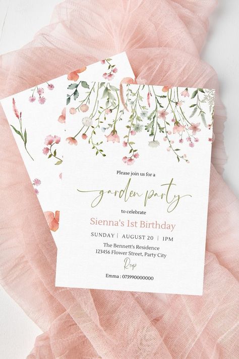 Spring Birthday Party: Garden Party – SeasonOverload Wildflower Birthday Party, Floral 1st Birthday, Wildflower Birthday, Spring Birthday Party, Garden Party Invitations, Flower Birthday Party, 1st Birthday Invite, Garden Party Theme, 1st Birthday Party Invitations