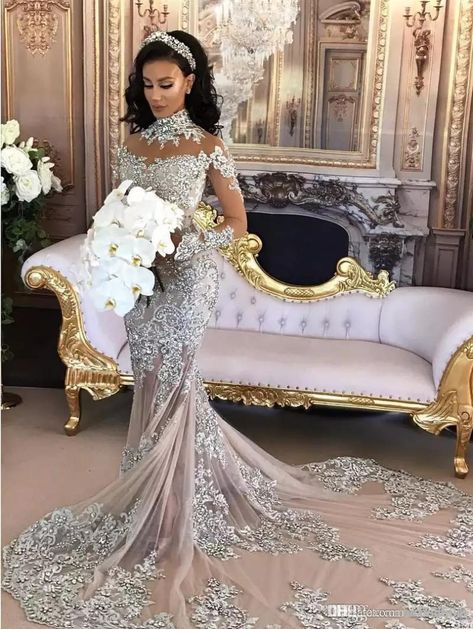 2018 Vintage Luxury Arabic Wedding Dresses Long Sleeves High Neck Crystal Beads Mermaid Long Train Sparkly African Bridal Gowns Customized Long Sleeve Prom Dress Lace, Long Sleeve Mermaid Wedding Dress, Mermaid High, High Neck Wedding Dress, Bridal Gowns Mermaid, Silver Mermaid, Mermaid Wedding Dresses, Cheap Wedding Dresses, Lace Mermaid