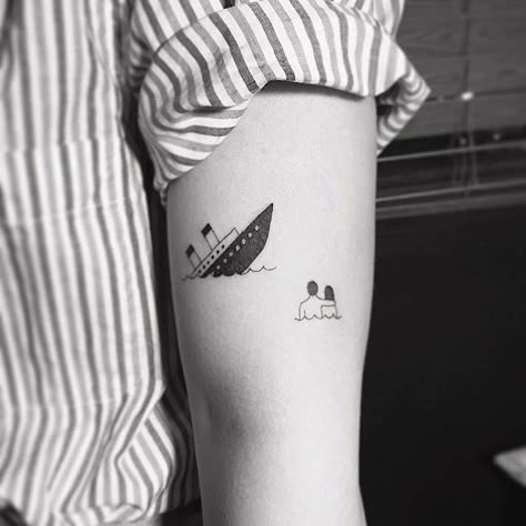 Titanic tattoo on the left bicep. Titanic Tattoo Ideas, Daschund Tattoo, Titanic Tattoo, Personal Tattoos, Tatoo Inspiration, Clever Tattoos, Ink Well, Female Tattoo, Tattoo Model