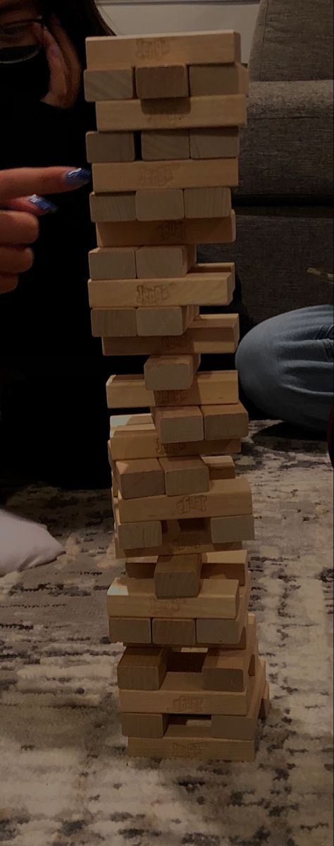 jenga tower game night Jenga Game Aesthetic, Board Game Night Aesthetic Friends, Jenga Aesthetic, Game Night Aesthetic, Drunk Jenga, Friend Game Night, Jenga Tower, Jenga Game, Jenga Blocks