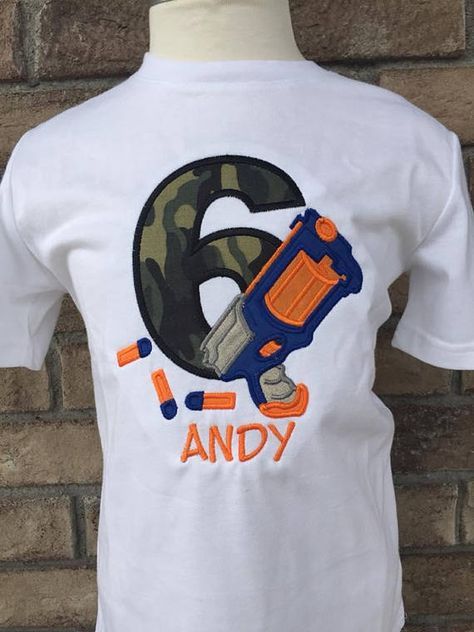 Nerf Birthday Shirt Ideas, Nerf Birthday Shirt, Game Night Ideas Family, Nerf Birthday Invitations, Combined Birthday Parties, Nerf Birthday Party, Hunting Birthday, Personalized Birthday Shirt, Nerf Party