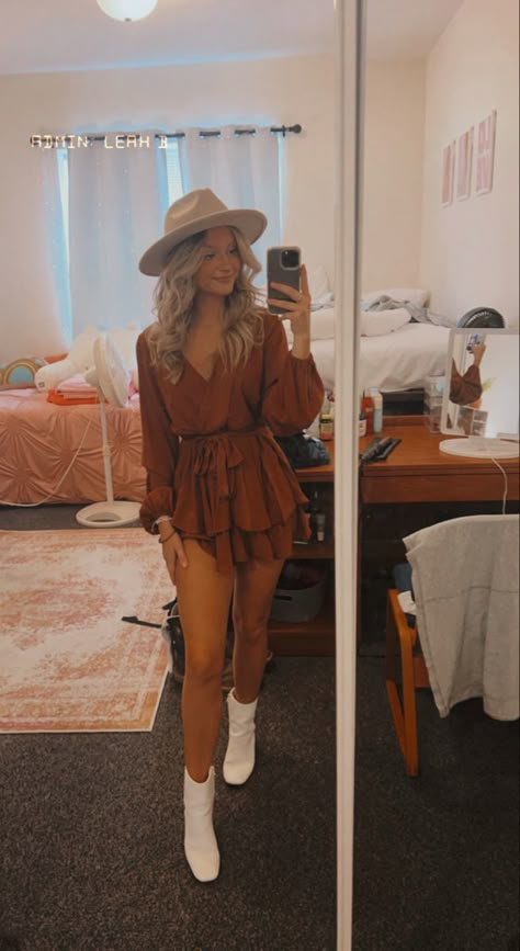 Country Bodysuit Outfit, 2023 Country Concert Outfit, Stay Home Date Night Outfit, Country Event Outfit, Rompers With Cowgirl Boots, Country Theme Outfit Women, Cute Country Bar Outfits, Russell Dickerson Concert Outfit, October Country Concert Outfit