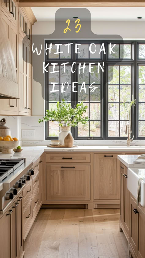 23 Ways To Style White Oak Kitchens! Explore 23 Stylish Ways To Incorporate White Oak Into Your Kitchen For A Timeless And Inviting Look. Ready To Explore? Click To Discover And Style! 🏡🍴 #WhiteOakWays #TimelessKitchen #InvitingInteriors #ExploreAndDiscover #KitchenDecor Smooth Front White Kitchen Cabinets, Kitchen With Light Wood Island, Black Countertops White Oak Cabinets, Blond Oak Kitchen Cabinets, How To Whitewash Kitchen Cabinets, White Oak Kitchen Cabinets With Soapstone, Home Interior Kitchen Design, White Oak Wood Cabinets Kitchen, White Oak Bar Cabinets