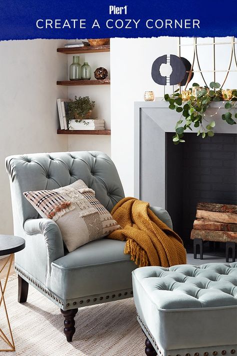 Our Chas Armchair and tufted Ottoman are a great spot to kick up your feet. Add a knit throw and decorative pillow to complete this cozy corner. #homedecor #pier1love Green Velvet Armchair, Furniture Dining Room, Rug Size Guide, Business Furniture, Wood Headboard, Cozy Corner, Slipcovered Sofa, Pier 1, Dining Room Sets