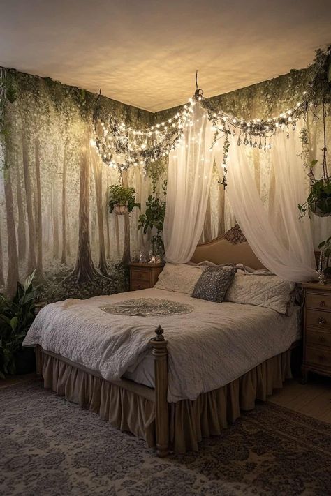 57 Forest Bedroom Ideas That Feel Like a Woodland Getaway Husband And Wife Bedroom Ideas, Bedroom Canopy Ideas, Cozy Bedroom Ideas For Couples Romantic, Fairy Rooms, Husband And Wife Bedroom, Forest Bedroom Ideas, Bed Canopy With Lights, Forest Bedroom, Victorian Room