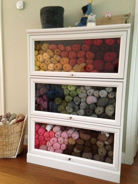 Barrister’s BookCase Yarn Organizer Storage, Ideas For Craft Room, Yarn Storage Ideas, Yarn Storage Solutions, Knitting Yarn Storage, Wool Storage, Knitting Studio, Yarn Organizer, Knitting Room