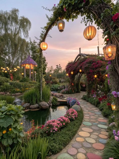 Transform your garden into a whimsical oasis! Imagine colorful flowers, glowing lanterns, and a serene pond. Your dream space awaits! 🌸✨ Share your magic! . #homeandgarden #betterhomesandgardens #homegardening #homesandgardens #homegarden #gardenhome #gardeningathome #flowers #plants #beautifulflowers Backyard With Lots Of Plants, Gardening Flowers Aesthetic, Secret Garden Vibes, Secret Garden Landscape, Dream Flower Garden, Big Garden Aesthetic, Beautiful Gardens Magical, Flower Garden Ideas In Front Of House, Sceneries To Paint