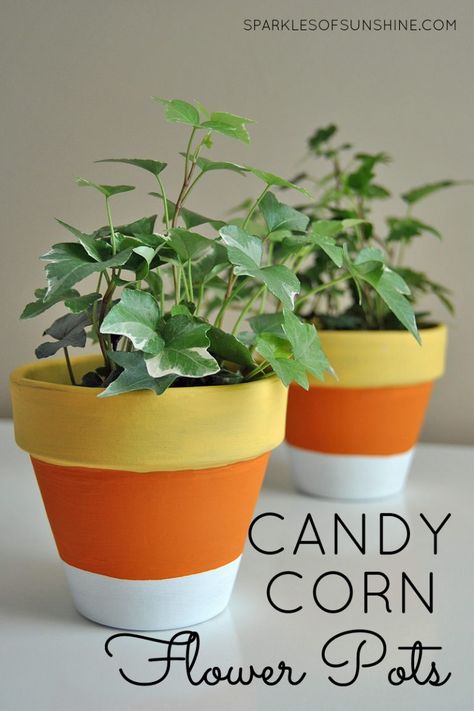 Candy Corn Painted Flower Pots - Sparkles of Sunshine Fall Painted Clay Pots, Painted Clay Pots For Fall, Halloween Flower Pots Diy, Halloween Flower Pot Ideas, Halloween Painted Pots, Halloween Flower Pots, Halloween Pots, Diy Candy Corn, Corn Painting