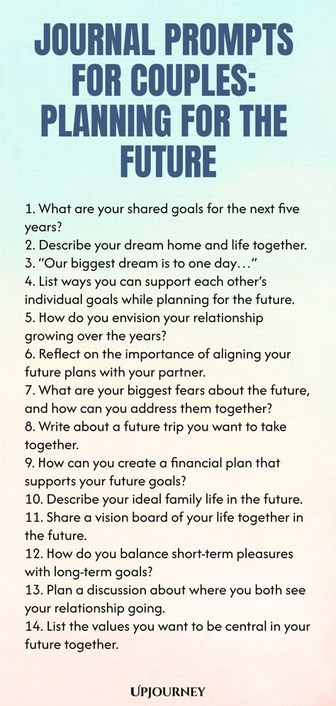 Explore these thought-provoking journal prompts designed for couples to help you plan your future together. Strengthen your relationship, set goals, and dream big with these engaging writing prompts. From financial planning to travel aspirations, these prompts are tailored to deepen your bond and build a shared vision for the years ahead. Use this valuable tool as a couple to foster open communication, alignment of values, and collaborative goal setting. Start the journey of planning your future Couple Monthly Goals, Couples Journaling Prompts, Relationship Builders For Couples, Couple Planning Together, New Year Ideas For Couples, Couple Yearly Goals Template, Relationship Goal Setting, Couple Planning Life, 5 Year Plan Template For Couples