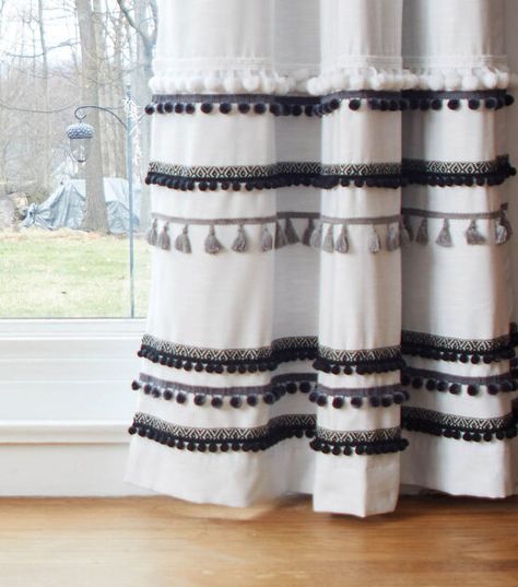 How To Make Upcycle Curtains with No Sew Trim Online | JOANN How To Embellish Plain Curtains, Diy Curtain Embellishment, Curtain Embellishments Diy, Trim On Curtains, Adding Trim To Curtains, Upcycle Curtains, Curtain Embellishments, Boho Curtains Diy, Curtain Upcycle