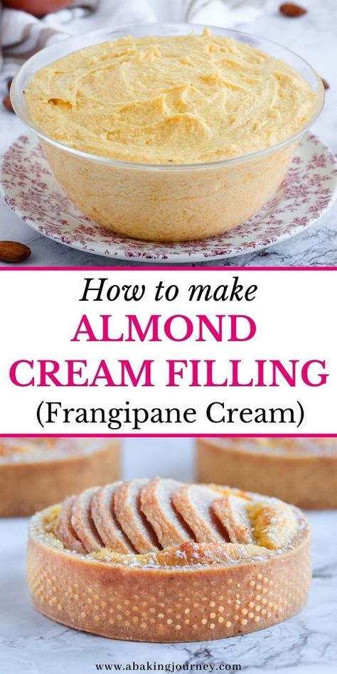 This Almond Cream Filling or Frangipane Cream is a delicious almond flavoured filling that is perfect for cakes, tarts and pastries. Made with 4 ingredients only, ready in 10 minutes and Gluten Free, this almond filling is delicious baked with fresh fruits like Pear or Apples, or used as an almond croissant filling! Almond Cream Filling Recipe, Almond Filling, Daquoise Recipe Almond, Almond Pastry Filling Recipes, Almond Cake And Pastry Filling Recipes, Almond Crossiant Filling, Almond Paste Recipes, Cream Filling Recipe, Pastry Cream Recipe