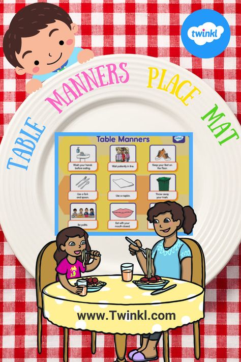 Table Manners Place Mat Table Manners For Kids, Etiquette For Kids, Food Etiquette, Manners For Kids, Table Etiquette, Pinterest Page, Table Manners, Good Manners, Table Throw