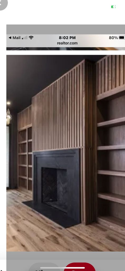 Wood Slats Fireplace Wall, Slat Fireplace Wall, Slat Wall Fireplace, Bookcases With Fireplace, Panelled Fireplace, Fireplace Beach House, Wood Panel Fireplace, Modern Fireplace Makeover, Modern Fireplace Ideas Living Rooms