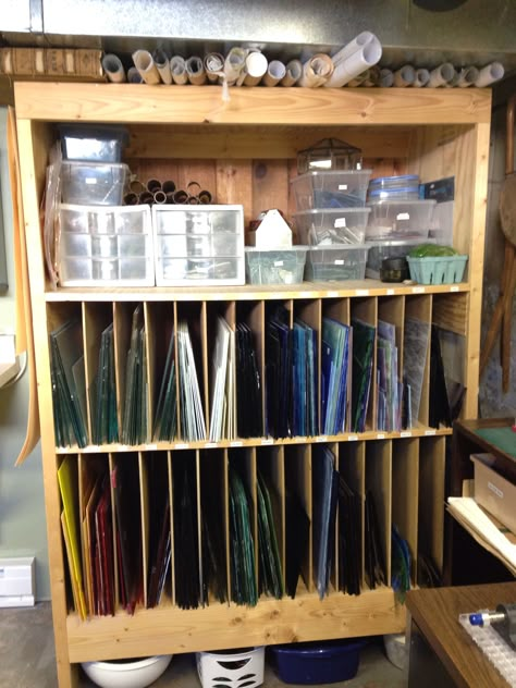 ~The "Glass Dungeon" ~ Stained glass storage area. Stained Glass Storage, Glass Studio Ideas, Stained Glass Workshop, Stained Glass Studio, Woodworking Projects Ideas, Making Stained Glass, Glass Room, Mosaic Stained, Simple Crafts