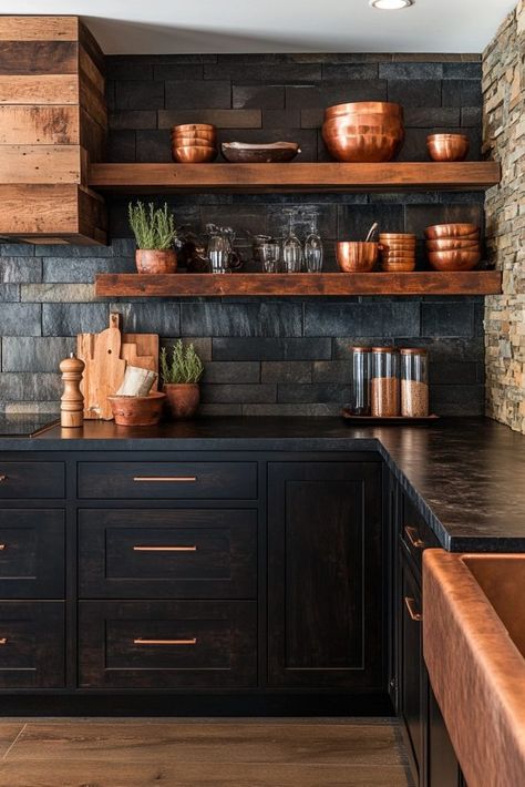 Real Kitchen Cabinets, Two Tone Kitchen With Black Countertops, Dark Kitchen Copper Accents, Black Kitchen Brown Countertop, Dark Countertops Dark Cabinets, Dark Kitchens With Wood, Black Cabinets Kitchen Wood Counters, Natural Cabinets Black Countertops, Dark Kitchen Accent Wall