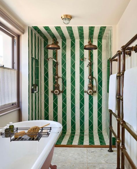 Striped Tile, Bedroom Victorian, Lemon Sorbet, Bright Stripes, Colour Inspiration, Unique Spaces, Shower Room, Interior Design Trends, Shower Tile