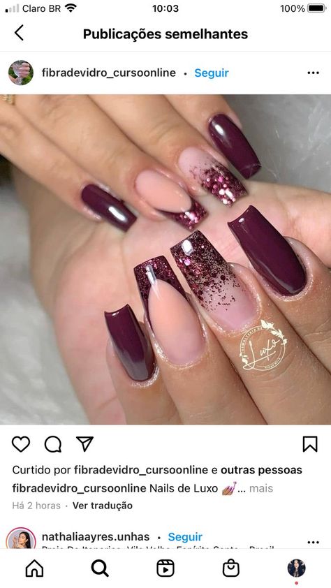 Wine Coffin Acrylic Nails, White And Wine Nails, Ruby Red Nail Designs, Burgandy Fall Nails 2022, Plum Acrylic Nails Design, Burgundy Nails Glitter, Unique Ombre Nails, Plum Nail Ideas, Plum And Silver Nails