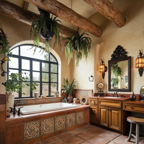 Stunning Mediterranean House 💖💙💙 Hacienda Style Restroom, Spanish Bathroom Hacienda Style Mexican Tiles, Hacienda Style Bathroom Mexico, Mexican Airbnb, Spaniard Style Home, Spanish Bathroom Hacienda Style, Hacienda Style Bathroom, Modern Hacienda Style Homes, Hacienda Bathroom