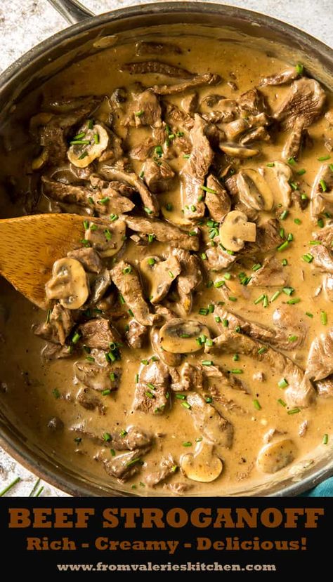 Melt in your mouth strips of sirloin and sliced cremini mushrooms, melded with a rich, creamy, perfectly seasoned sauce. This Beef Stroganoff recipe makes for a truly memorable meal. #beefstroganoff #sirloin #steakrecipes #beefstroganoffrecipe Crock Pot Stroganoff, Classic Beef Stroganoff Recipe, Best Beef Stroganoff, Beef Stroganoff Crockpot, Cream Soup Recipes, Beef Stroganoff Recipe, Beef Stroganoff Easy, Slow Cooker Beef Stroganoff, Stroganoff Recipe