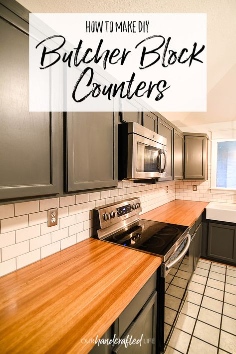 How to Make DIY Butcher Block Countertop - Our Handcrafted Life How To Seal Butcher Block Countertops, Seal Butcher Block Countertops, Faux Butcher Block Countertops, Stained Butcher Block Countertops, Butcher Block Counter Tops Kitchen, Diy Butcher Block Counter, Diy Butcher Block Countertops, Flip Kitchen, Butcher Block Countertops Kitchen