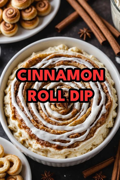 A photo of a  Cinnamon Roll Dip which is a type of Dips for fall Dips For Dipsgiving, Fall Appetizers Dips For Party, Best Sweet Dips For Parties, Cinnamon Roll Cheesecake Dip, Dips Dessert Easy, Fall Dips And Spreads, Holiday Dip Recipes Appetizer Ideas, Fall Cookie Dip, Fall Hot Dips