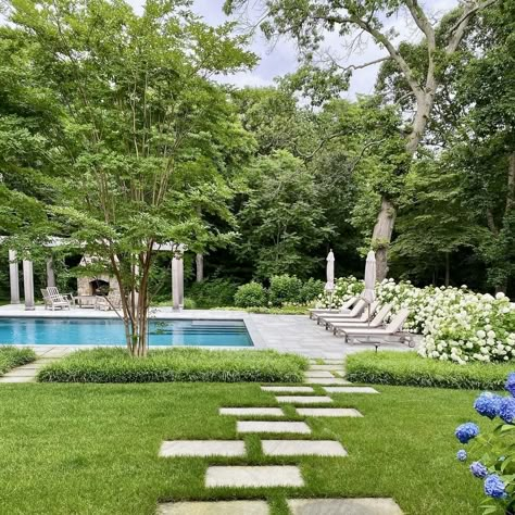 Gardens With Pools Ideas, Walkway From House To Pool, Miami Pool Landscaping, Sloped Pool Ideas, Beautiful Landscape Backyard, Medium Backyard Pools, Pool At Back Of Yard, Pool Landscape Architecture, Hamptons Style Backyard With Pool